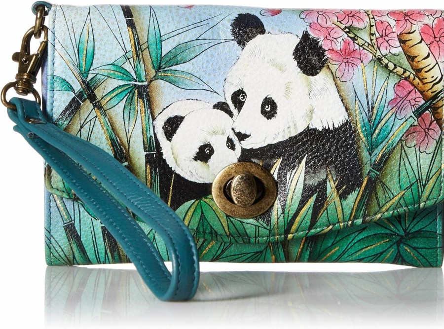 Clearance Anna by Anuschka Anna By Anuschka Hand Painted Women'S Genuine Leather - Vintage Wristlet Clutch - Lovable Pandas