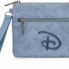 Online Buckle-Down Disney Wallet, Double Pocket Wristlet, Disney Signature D Logo With Arch Stitch, Blue, Vegan Leather