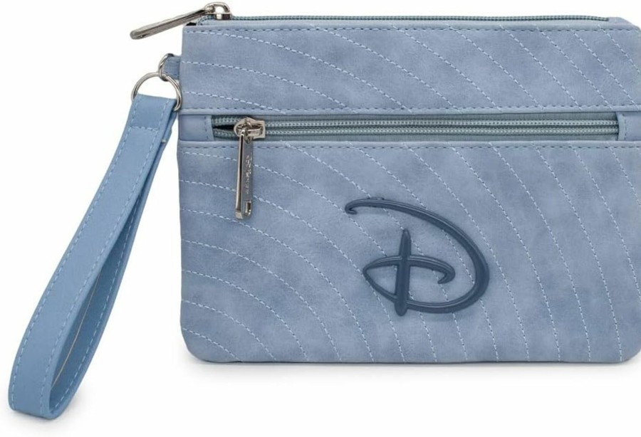 Online Buckle-Down Disney Wallet, Double Pocket Wristlet, Disney Signature D Logo With Arch Stitch, Blue, Vegan Leather