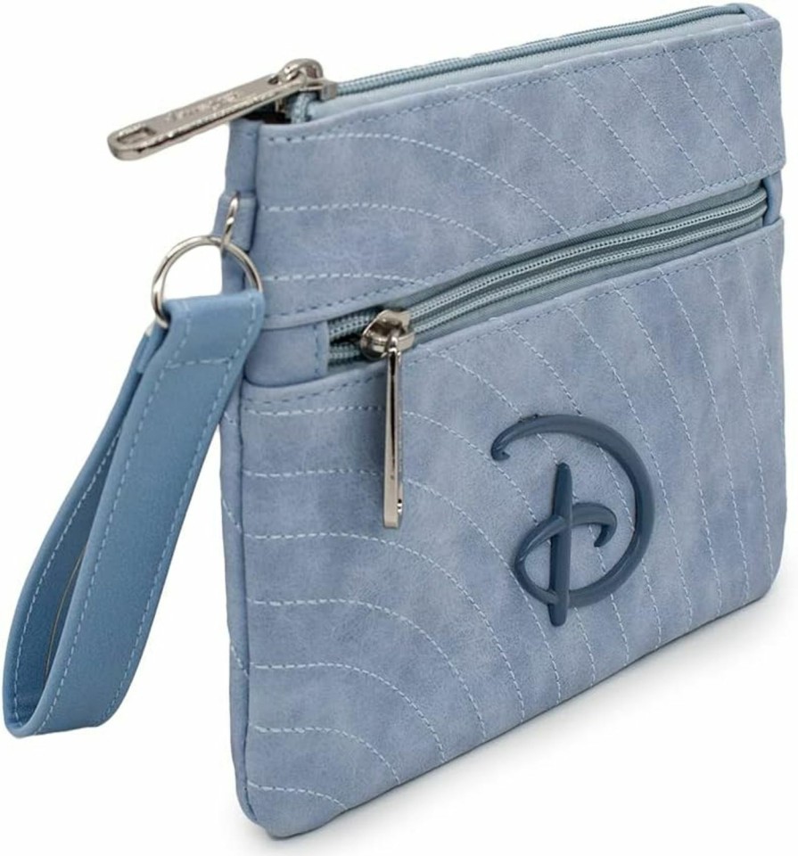 Online Buckle-Down Disney Wallet, Double Pocket Wristlet, Disney Signature D Logo With Arch Stitch, Blue, Vegan Leather