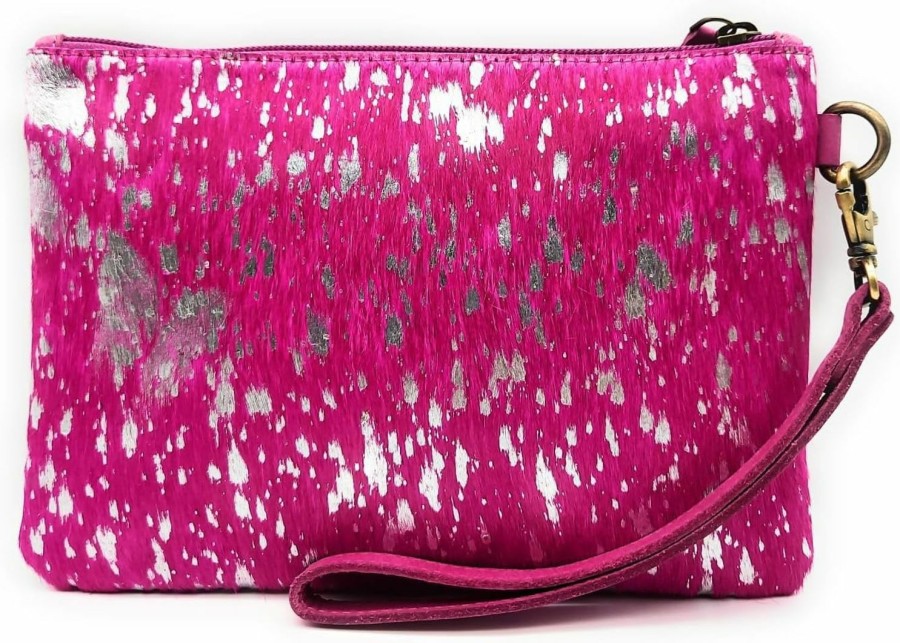 Clearance Mesa Luna Mesa Luna Metallic Cowhide Handcrafted Large Wristlet Pouch Clutch (Pink Sapphire)