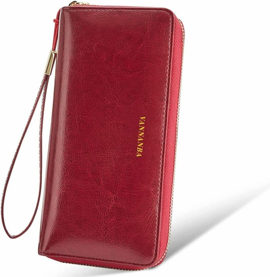 New VANNANBA Vannanba Womens Large Capacity Wallets Zip Around Wristlet Wallets For Women,Genuine Leather Rfid Credit Card Holder With Gift Box,Wine Red