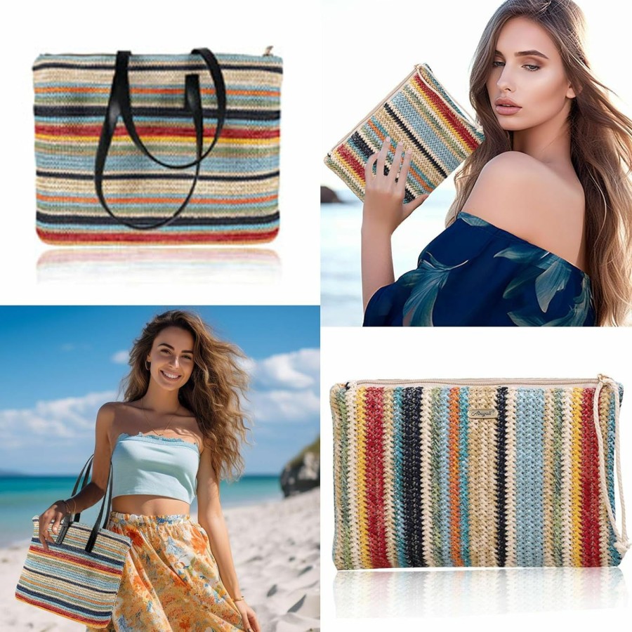 New Abuyall Abuyall Straw Crossbody Clutch Bag Summer Beach Stripe Purse Women Woven Zipper Wristlet Wallets