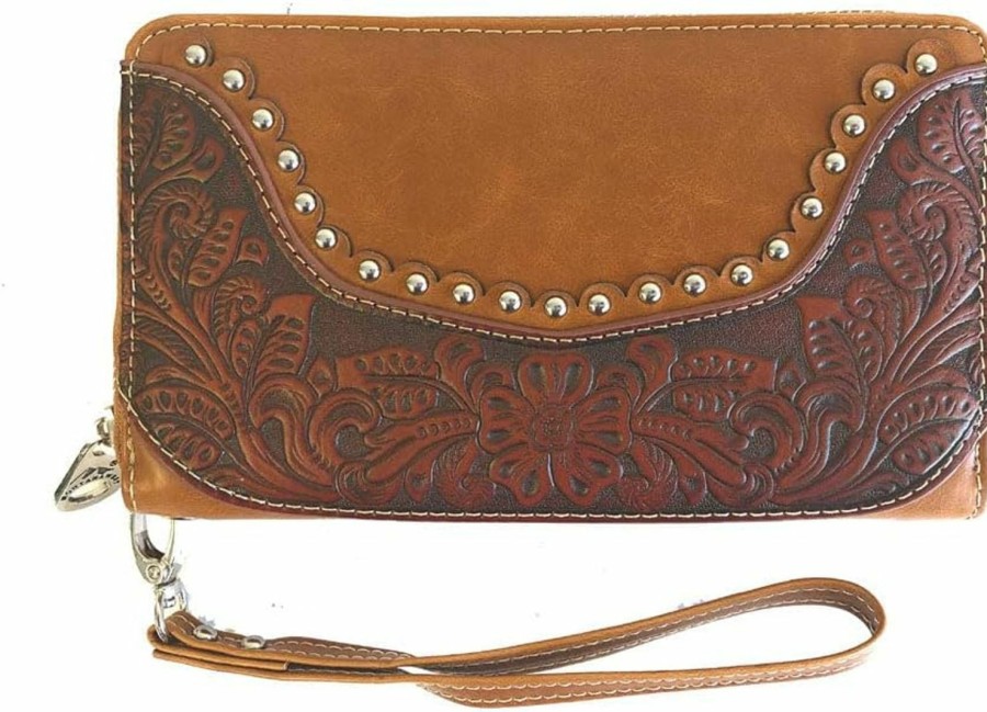 Hot Montana West Montana West Ladies Wristlet Wallet 2-In-1 Western Tooled Genuine Leather Zippered Enclosure