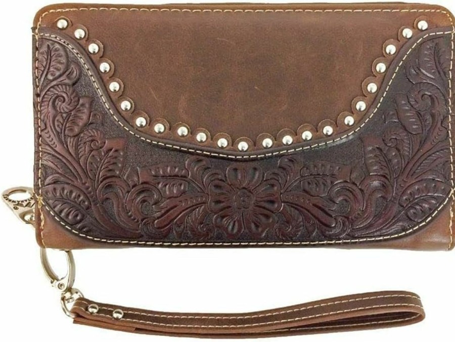 Hot Montana West Montana West Ladies Wristlet Wallet 2-In-1 Western Tooled Genuine Leather Zippered Enclosure