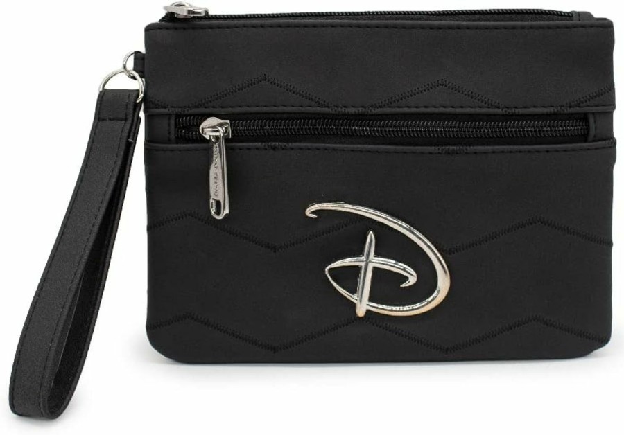 Online Buckle-Down Disney Wallet, Double Pocket Wristlet, Disney Signature D Silver Logo With Chevron Stitch, Black, Vegan Leather