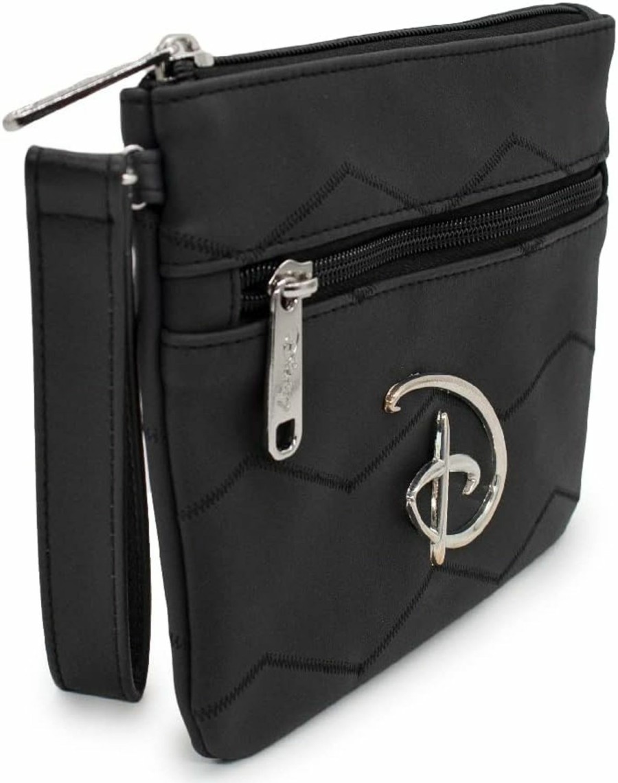 Online Buckle-Down Disney Wallet, Double Pocket Wristlet, Disney Signature D Silver Logo With Chevron Stitch, Black, Vegan Leather