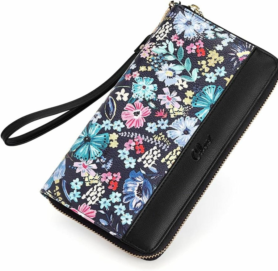 New CLUCI Cluci Wallet Women Large Capacity Leather Designer Zipper Around Card Ladies Phone Clutch Wristlet Billfolds Black Flower