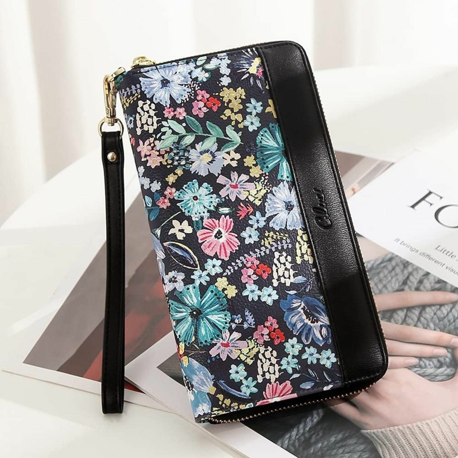 New CLUCI Cluci Wallet Women Large Capacity Leather Designer Zipper Around Card Ladies Phone Clutch Wristlet Billfolds Black Flower