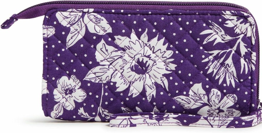 Wholesale Vera Bradley Vera Bradley Cotton Collegiate Front Zip Wristlet With Rfid Protection (Multiple Teams Available), Purple/White Rain Garden