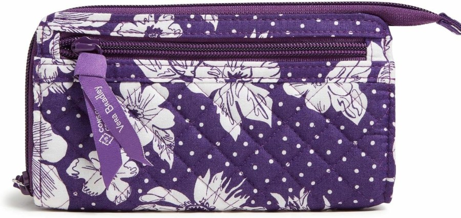 Wholesale Vera Bradley Vera Bradley Cotton Collegiate Front Zip Wristlet With Rfid Protection (Multiple Teams Available), Purple/White Rain Garden