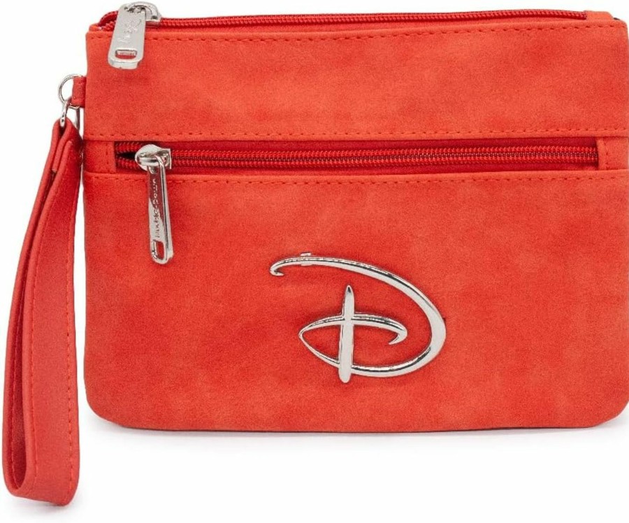 New Buckle-Down Disney Wallet, Double Pocket Wristlet, Disney Signature D Silver Logo, Red, Vegan Leather