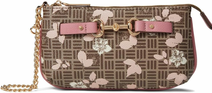 Clearance Anne Klein Anne Klein Ak Horsebit Wristlet Pouch With Floral Overlay, Cream-Brown Multi/Vintage Pink