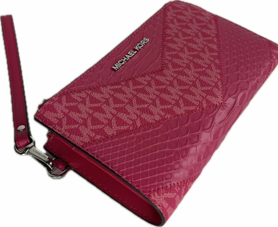 Online Michael Kors Michael Kors Jet Set Travel Double Zip Wristlet Bundled With Purse Hook (Electric Pink Multi)