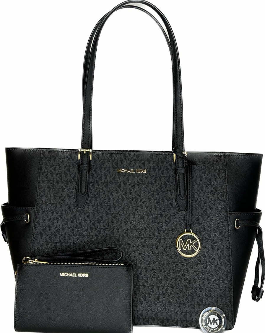 Best Michael Kors Michael Kors Michael Michel Kors Gilly Large Drawstring Travel Tote Bundled With Double Zip Wristlet Purse Hook (Black Signature/Gold/Black)