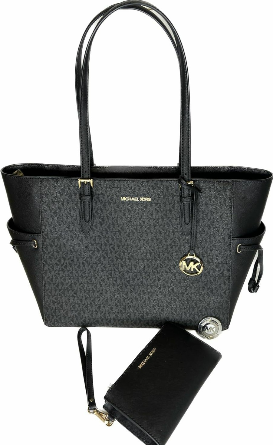 Best Michael Kors Michael Kors Michael Michel Kors Gilly Large Drawstring Travel Tote Bundled With Double Zip Wristlet Purse Hook (Black Signature/Gold/Black)