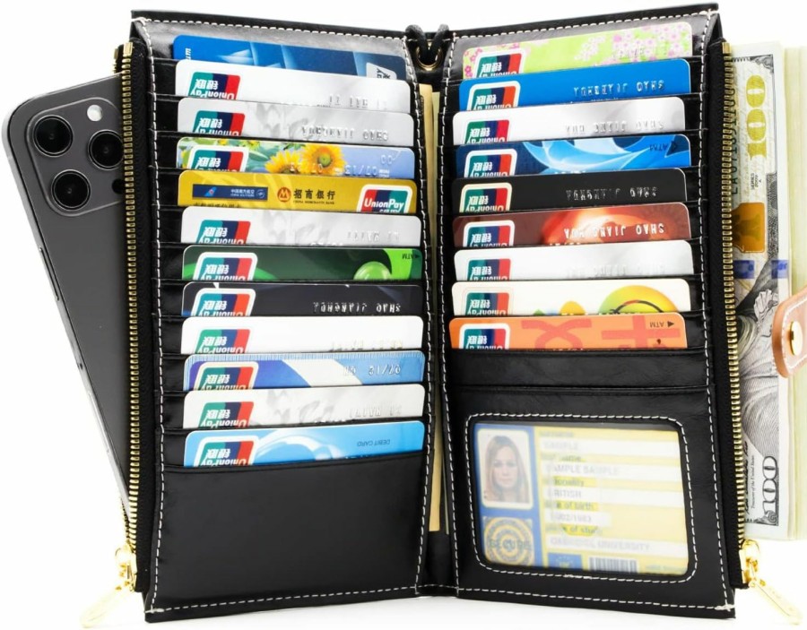 Best ANDOILT Andoilt Wallet Women Men Rfid Blocking Genuine Leather Bifold Multi Card Organizer Wristlet Purse With Zipper Pocket Cell Phone Handbag Black