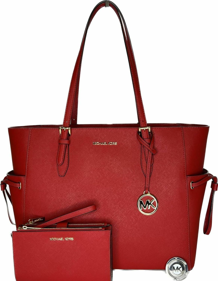 Hot Michael Kors Michael Kors Michael Michel Kors Gilly Large Drawstring Travel Tote Bundled With Double Zip Wristlet Purse Hook (Bright Red)