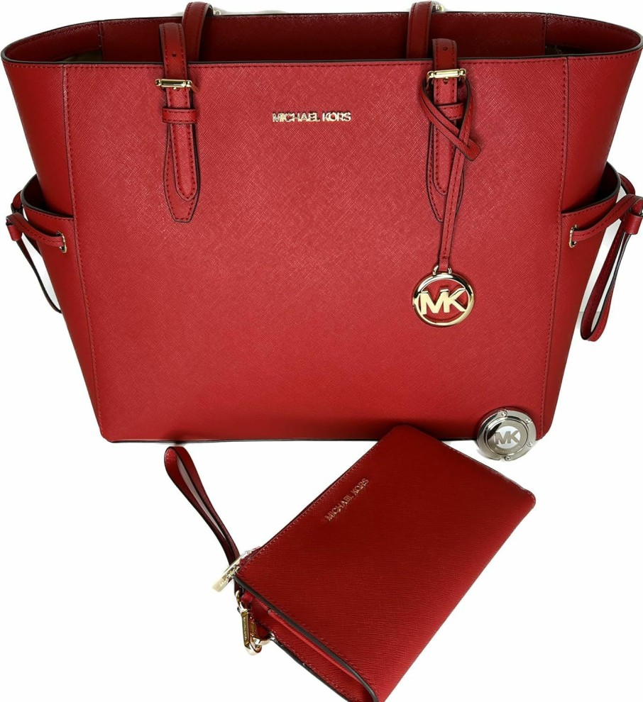 Hot Michael Kors Michael Kors Michael Michel Kors Gilly Large Drawstring Travel Tote Bundled With Double Zip Wristlet Purse Hook (Bright Red)