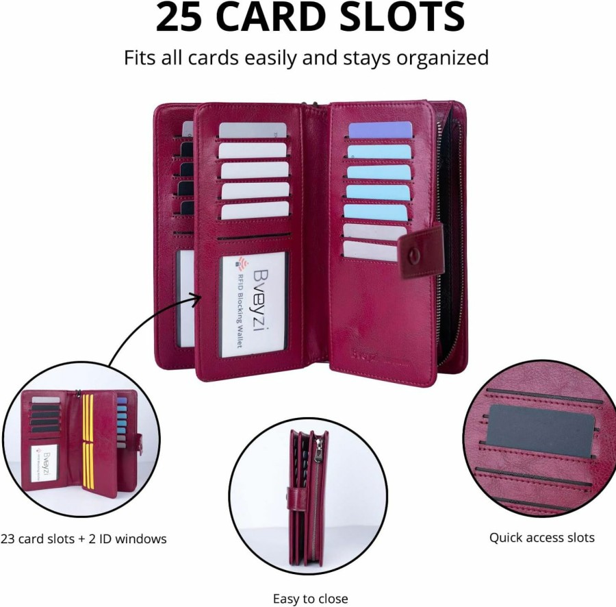 Hot Bveyzi Bveyzi Womens Large Capacity Wristlet Wallets, 23 Credit Card Slots Rfid Blocking Leather Clutch Wallets With Zipper (Purple)