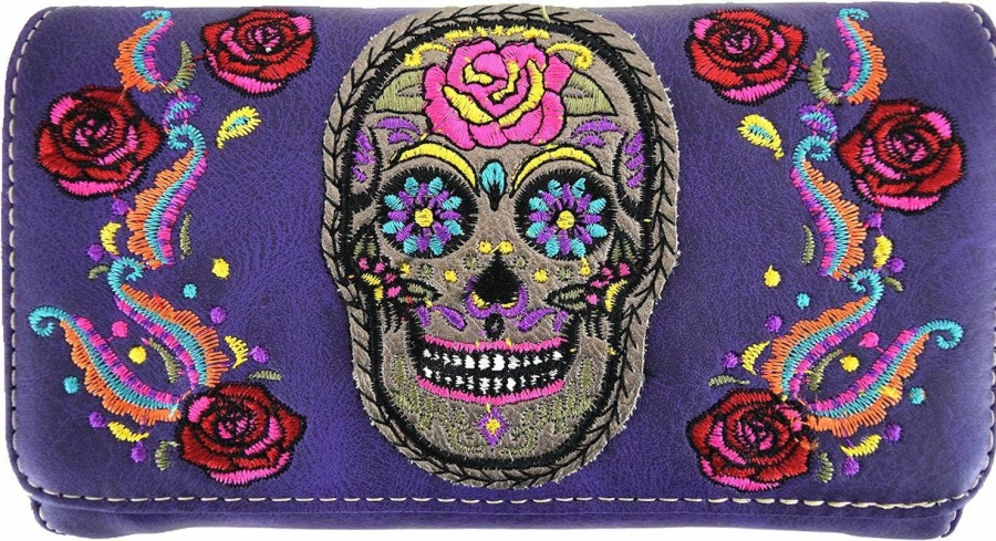 Best WESTERN ORIGIN Sugar Skull Day Of The Dead Cross Bone Studs Punk Gothic Art Rivet Studded Women Wristlet Trifold Wallet (#3 Black)