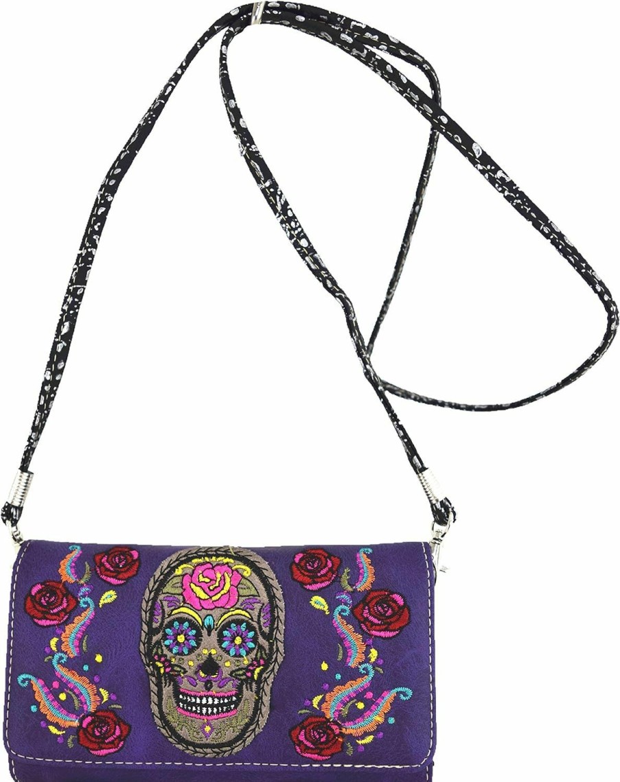 Best WESTERN ORIGIN Sugar Skull Day Of The Dead Cross Bone Studs Punk Gothic Art Rivet Studded Women Wristlet Trifold Wallet (#3 Black)