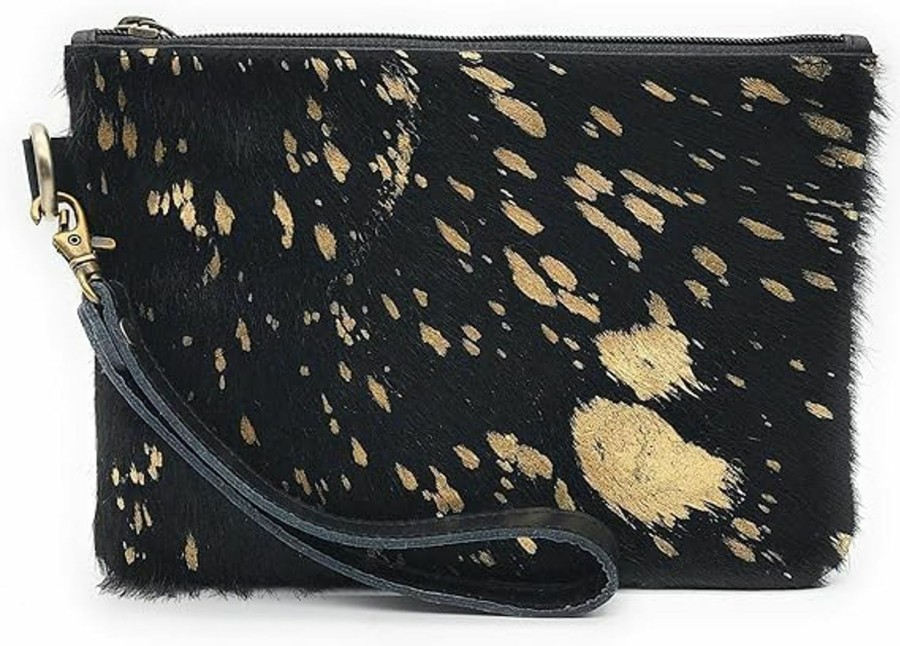 Online Mesa Luna Mesa Luna Metallic Cowhide Handcrafted Large Wristlet Pouch Clutch (Obsidian)