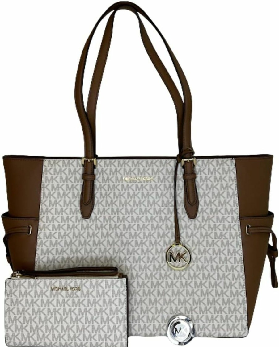 New Michael Kors Michael Kors Michael Michel Kors Gilly Large Drawstring Travel Tote Bundled With Double Zip Wristlet Purse Hook (Signature Mk Vanilla)