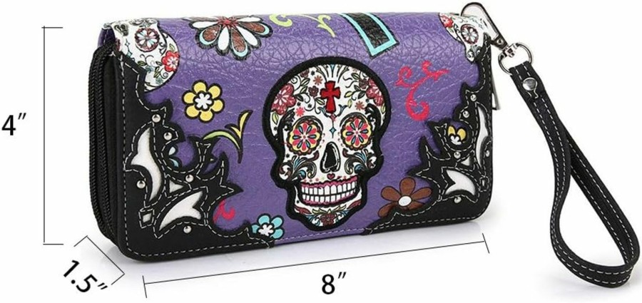 Best LA DEARCHUU Western Style Handbag Purse For Women, Buckle Clutch Blocking Wristlet Wallet Sugar Skull Western Purse Wallet