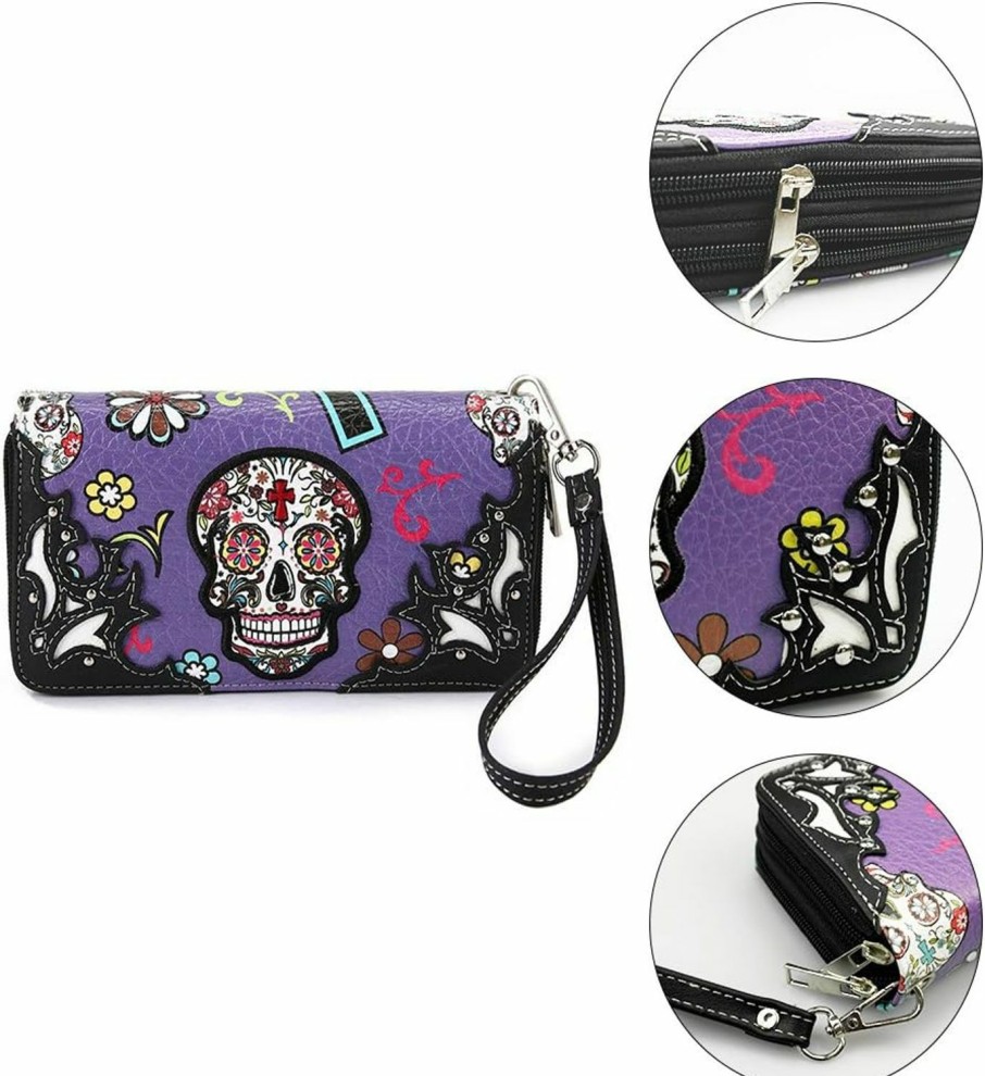 Best LA DEARCHUU Western Style Handbag Purse For Women, Buckle Clutch Blocking Wristlet Wallet Sugar Skull Western Purse Wallet