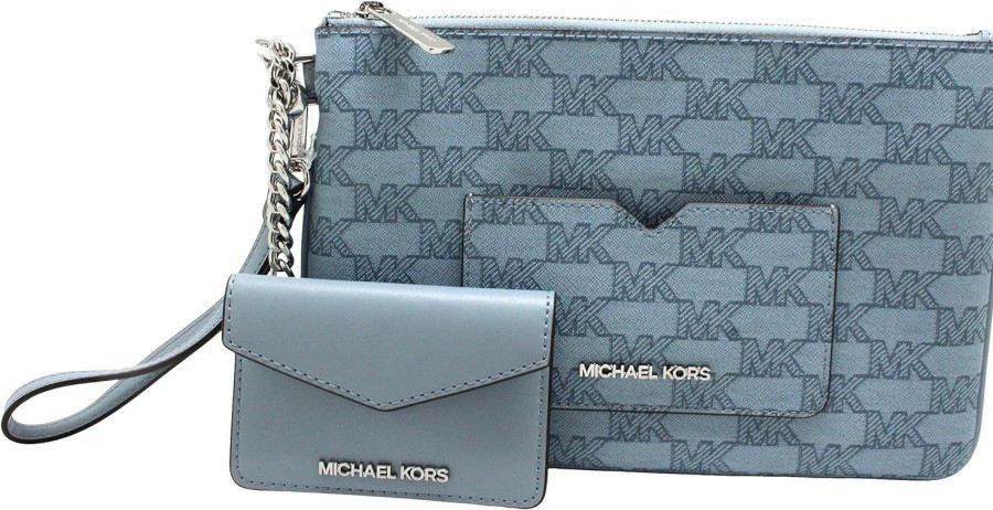 Best Michael Kors Michael Kors Jet Set Travel Large 2 In 1 Card Case And Wristlet Clutch Mk Signature (Pale Blue)