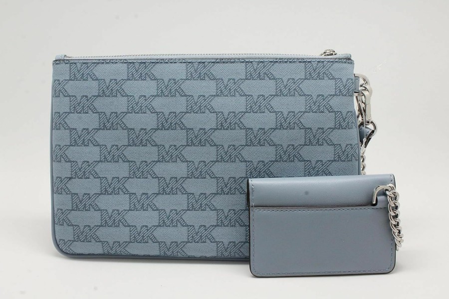 Best Michael Kors Michael Kors Jet Set Travel Large 2 In 1 Card Case And Wristlet Clutch Mk Signature (Pale Blue)