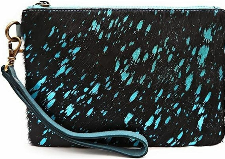 New Mesa Luna Mesa Luna Metallic Cowhide Handcrafted Large Wristlet Pouch Clutch (Caribbean Nights)