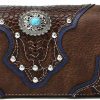 Hot Cowgirl Trendy Conchos Studded Crocodile Laser Cut Cowgirl Western Style Country Purse Wrist Strap Women Wristlet Wallet (Brown), Large