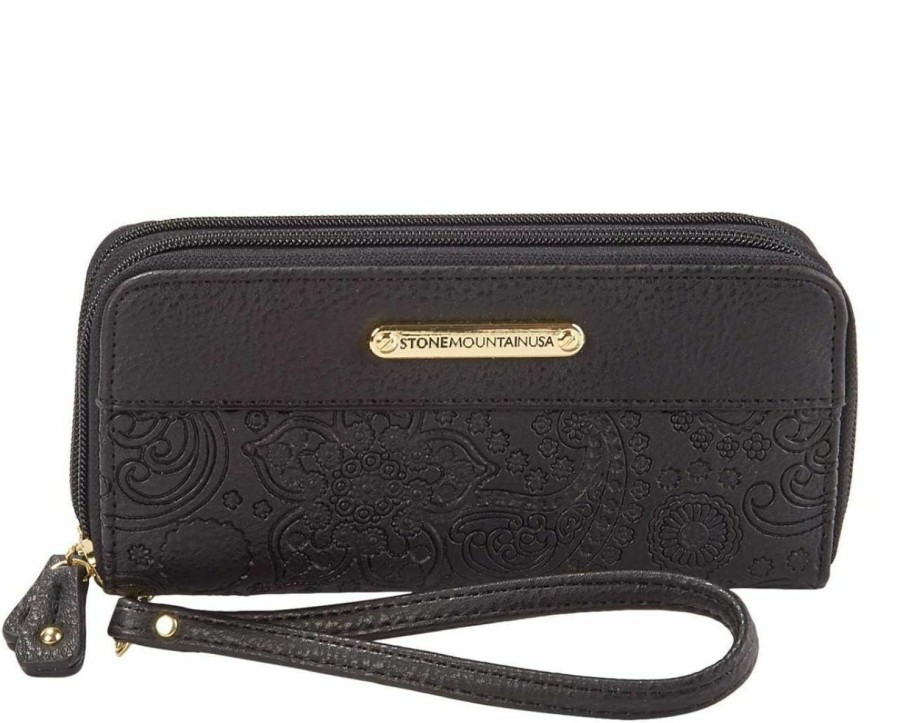 Online Stone Mountain Stone Mountain Black Embossed Paisley Wristlet Wallet & Checkbook Insert Slg