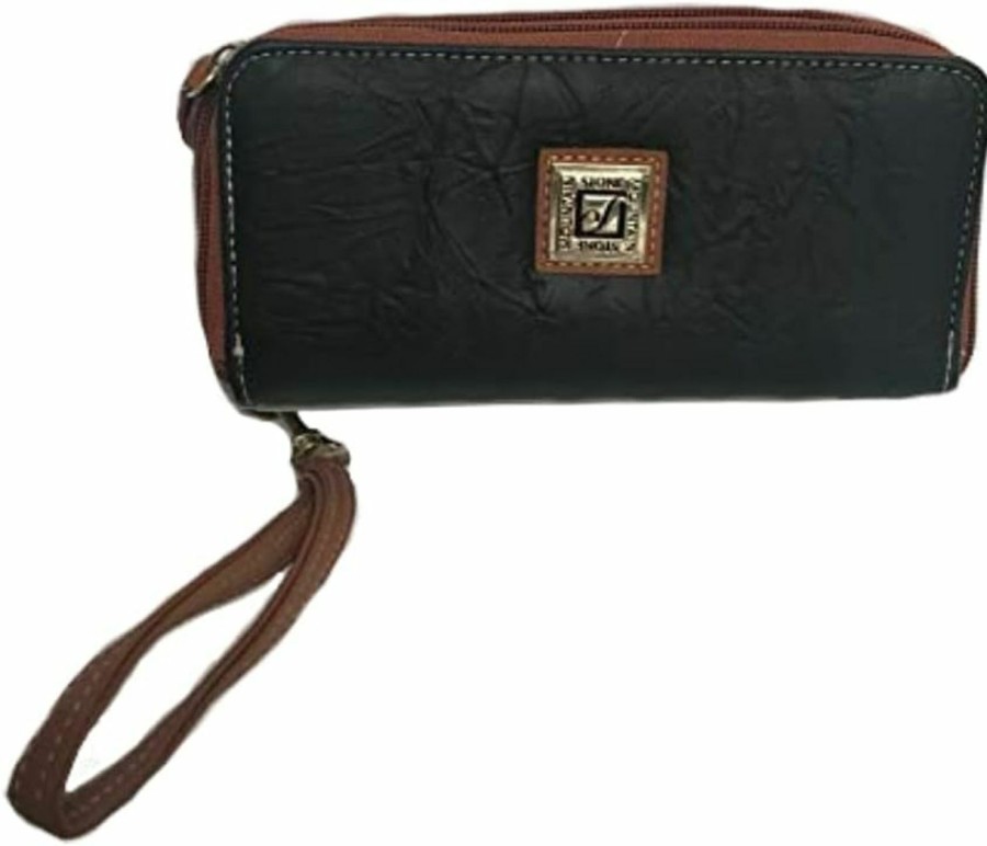 Best Stone Mountain Stone Mountain Nancy Wristlet Slg Black/Tan Checkbook Double Wallet 8Af464-6