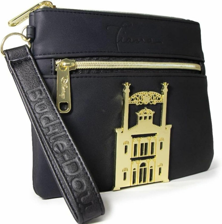 Hot Buckle-Down Buckle Down Disney Wallet, Double Pocket Wristlet, Script Debossed, Castle Emblem Rose Gold, Black, Vegan Leather, The Princess & The Frog Tiana