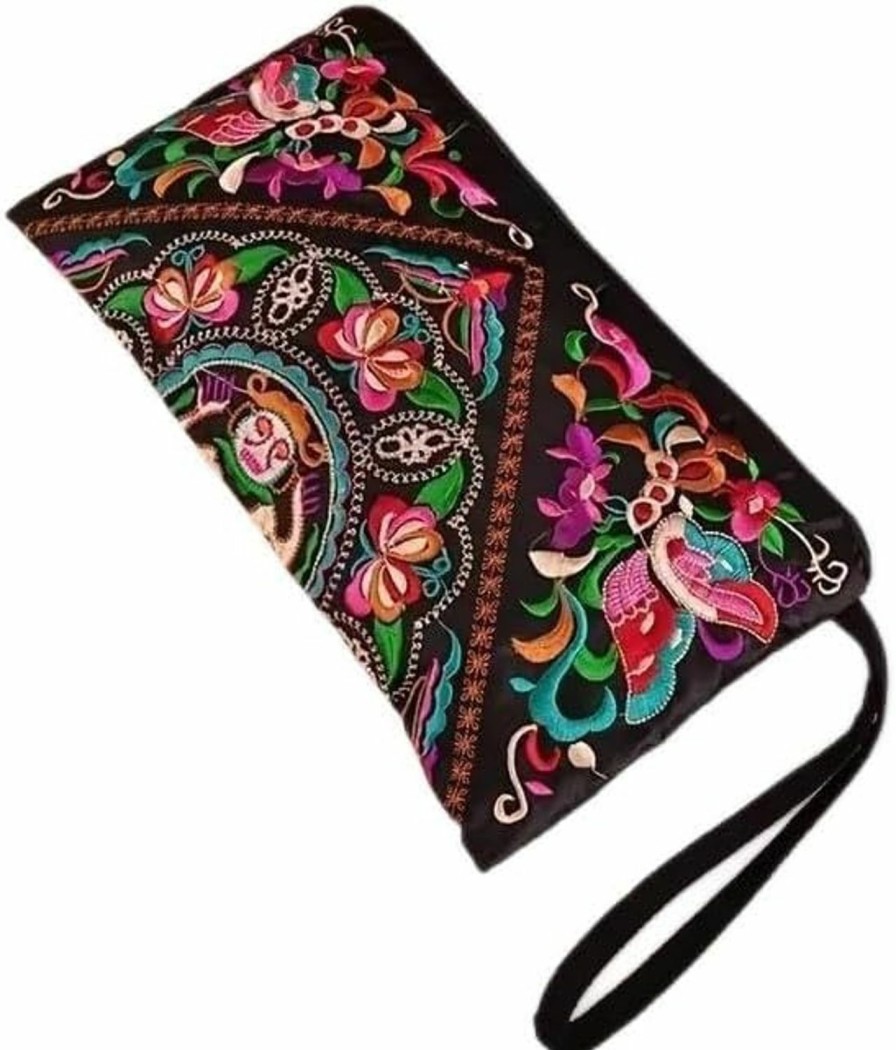 New Generic Ethnic Style Phone Clutches, Floral Embroidery Handbag With Wristlet