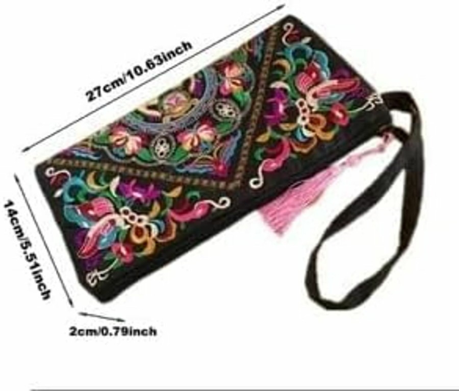 New Generic Ethnic Style Phone Clutches, Floral Embroidery Handbag With Wristlet