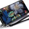 Best Aslana Aslana Genuine Leather Double Zipped Wallet Wristlet For Women, Rfid Blocking Double Zipped Floral Hand Painted Embossed Large Capacity Clutch Purse (Double Zipped - Colorful Rose)