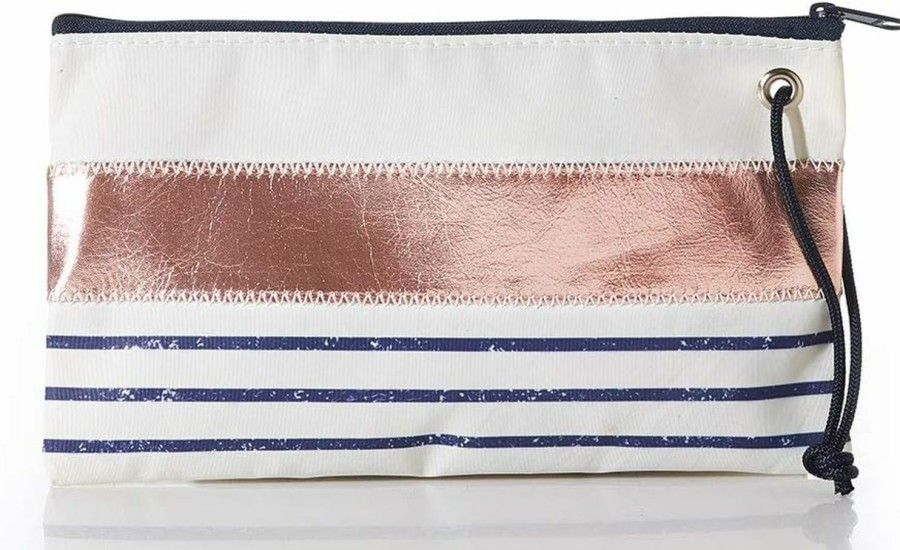 Online Sea Bags Sea Bags Recycled Sail Cloth Rose Gold-On-Navy Mariner Stripe Large Wristlet Zip Top Large Wristlet Purse Cell Phone Wristlet Zippered Wallet With Strap