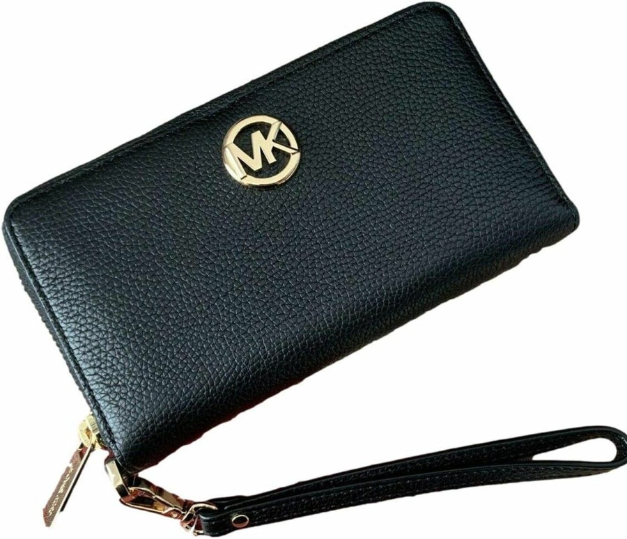 New Michael Kors Michael Kors Fulton Large Flat Multifunctional Phone Case Wristlet Black Leather