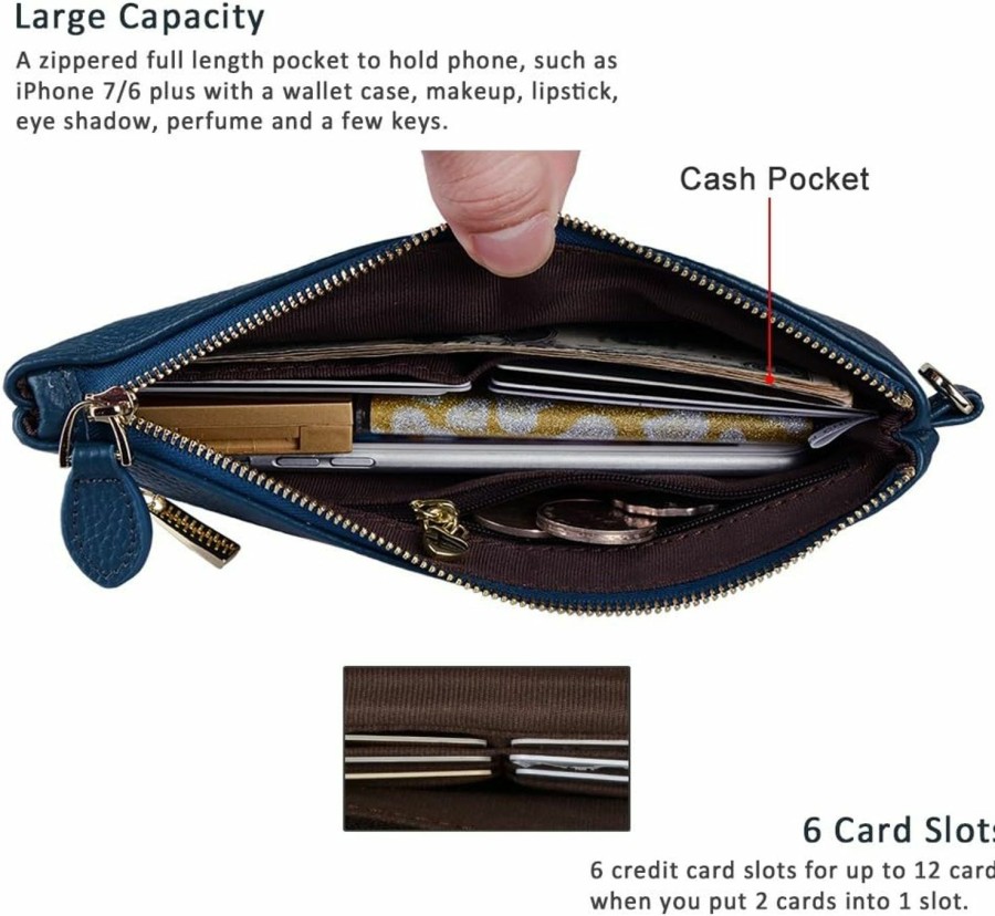 Clearance befen Befen Women Genuine Leather Clutch Wallet Smartphone Wristlet Wallet Purse - Teal Blue