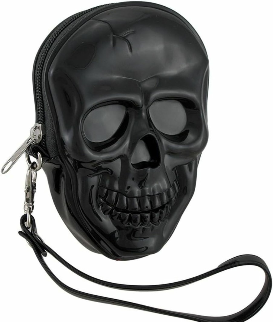 Best Zeckos Zeckos Glossy Black Vinyl Molded Skull Shaped Wristlet Purse W/Removable Strap 6 Inches High