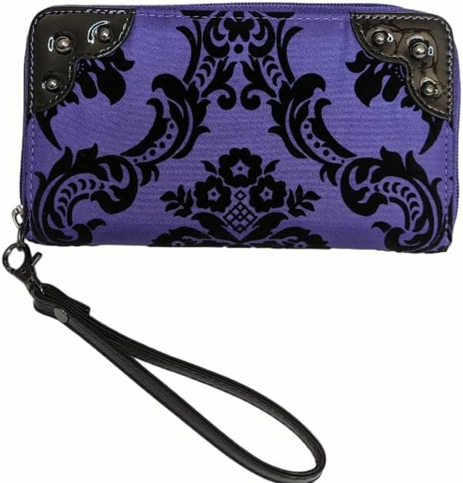 Clearance Rock Rebel Rock Rebel Black On Royal Purple Wristlet Violet Victorian Damask Zip Around Wallet