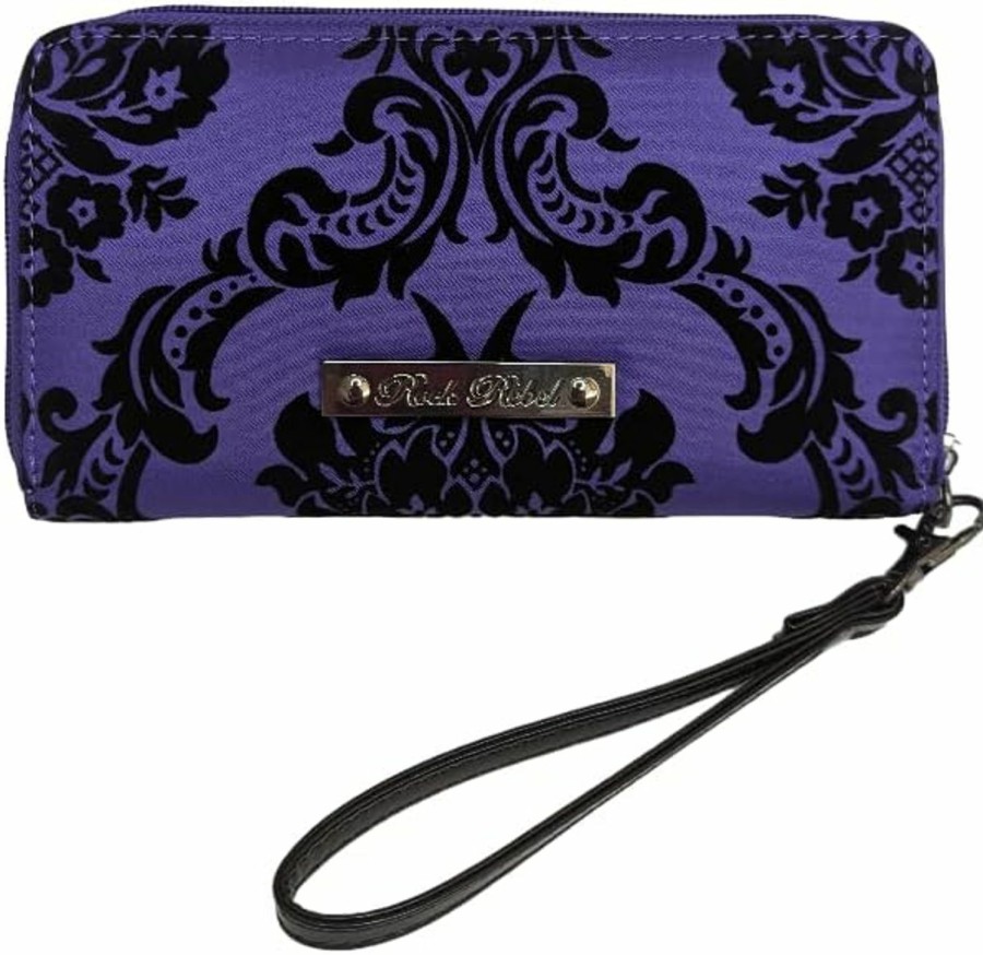 Clearance Rock Rebel Rock Rebel Black On Royal Purple Wristlet Violet Victorian Damask Zip Around Wallet