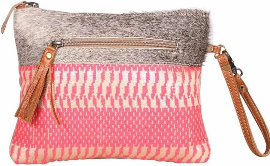 Online Myra Bag Myra Bags Charismatic Pink Canvas, Rug, Leather & Hairon Pouch Wristlet S-1944