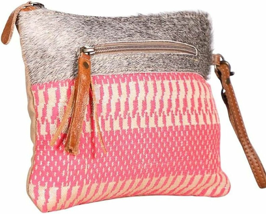 Online Myra Bag Myra Bags Charismatic Pink Canvas, Rug, Leather & Hairon Pouch Wristlet S-1944