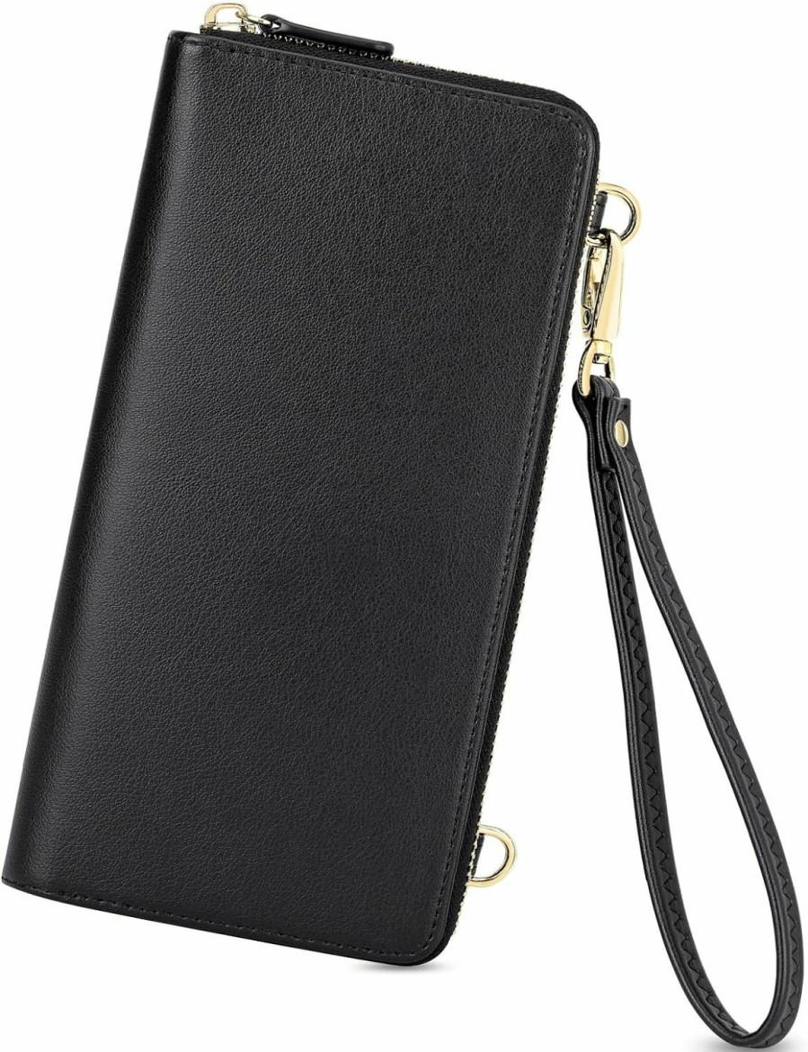 Clearance nuoku Nuoku Wristlet For Women Credit Card Holder Cell Phone Purse Pu Leather Clutch With Rfid Blocking Wristlet (Black)