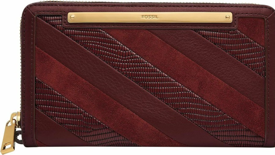 Clearance Fossil Fossil Women'S Liza Leather Zip Around Clutch Wallet With Retractable Wristlet Strap For Women